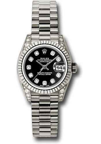 *Pre-Owned* Rolex White Gold Lady-Datejust 26 Watch - Fluted Bezel - Black Diamond Dial - President Bracelet