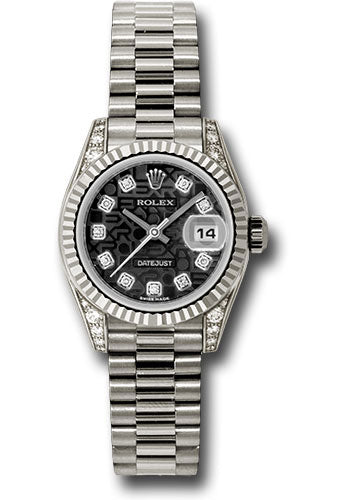 *Pre-Owned* Rolex White Gold Lady-Datejust 26 Watch - Fluted Bezel - Black Jubilee Diamond Dial - President Bracelet