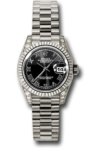 *Pre-Owned* Rolex White Gold Lady-Datejust 26 Watch - Fluted Bezel - Black Roman Dial - President Bracelet