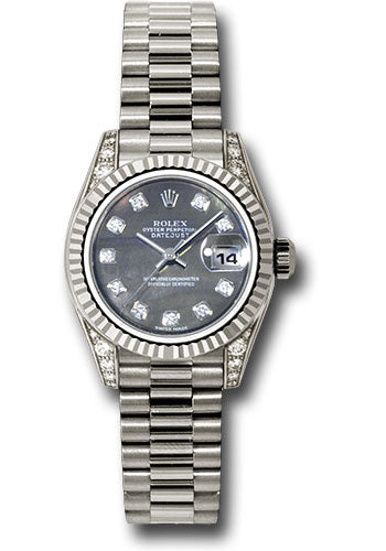 *Pre-Owned* Rolex White Gold Lady-Datejust 26 Watch - Fluted Bezel - Dark Mother-Of-Pearl Diamond Dial - President Bracelet