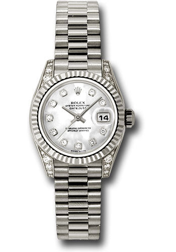 *Pre-Owned* Rolex White Gold Lady-Datejust 26 Watch - Fluted Bezel - Mother-Of-Pearl Diamond Dial - President Bracelet