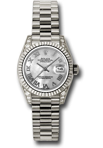 *Pre-Owned* Rolex White Gold Lady-Datejust 26 Watch - Fluted Bezel - Mother-Of-Pearl Roman Dial - President Bracelet