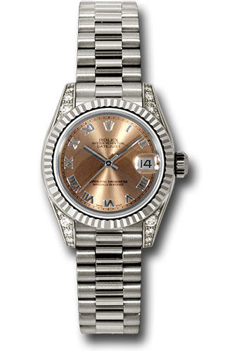 *Pre-Owned* Rolex White Gold Lady-Datejust 26 Watch - Fluted Bezel - Pink Roman Dial - President Bracelet