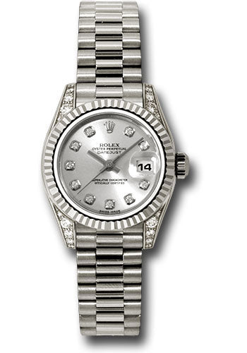 *Pre-Owned* Rolex White Gold Lady-Datejust 26 Watch - Fluted Bezel - Silver Diamond Dial - President Bracelet