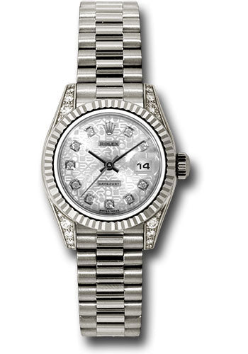 *Pre-Owned* Rolex White Gold Lady-Datejust 26 Watch - Fluted Bezel - Silver Jubilee Diamond Dial - President Bracelet