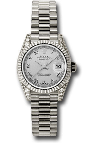 *Pre-Owned* Rolex White Gold Lady-Datejust 26 Watch - Fluted Bezel - Silver Roman Dial - President Bracelet