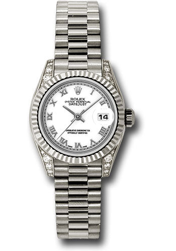 *Pre-Owned* Rolex White Gold Lady-Datejust 26 Watch - Fluted Bezel - White Roman Dial - President Bracelet