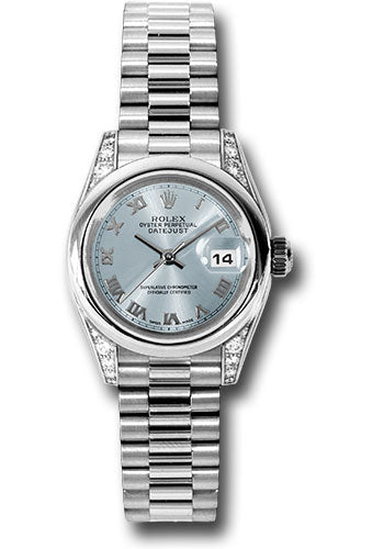 *Pre-Owned* Rolex Platinum Lady-Datejust 26 Watch - Domed Bezel - Glacier Blue Roman Dial - President Bracelet