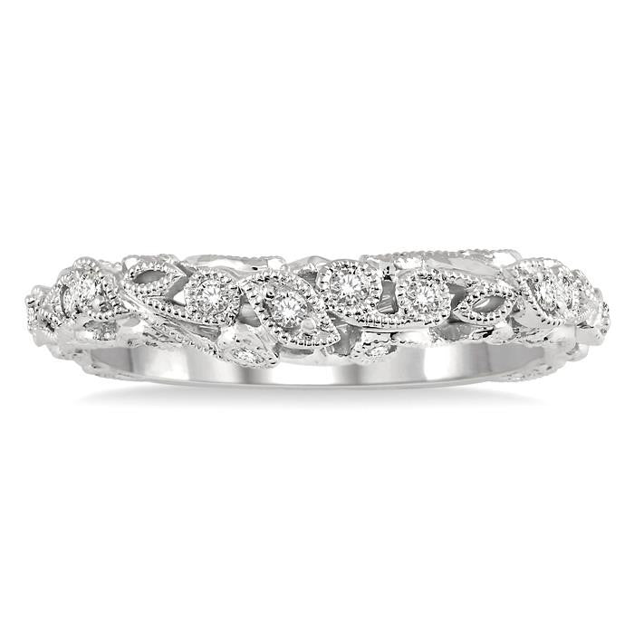 1/6 Ctw Lattice Leaf and Circular Motif Round Cut Diamond Wedding Band in 14K White Gold