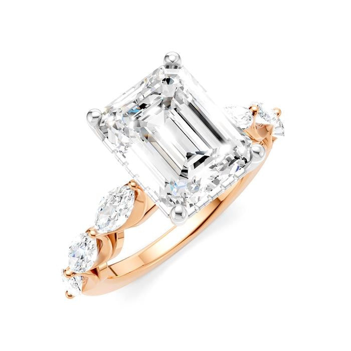 1 Ctw Emerald Shape Marquise and Round Cut Diamond Semi-Mount Engagement Ring in 14K Rose and White Gold