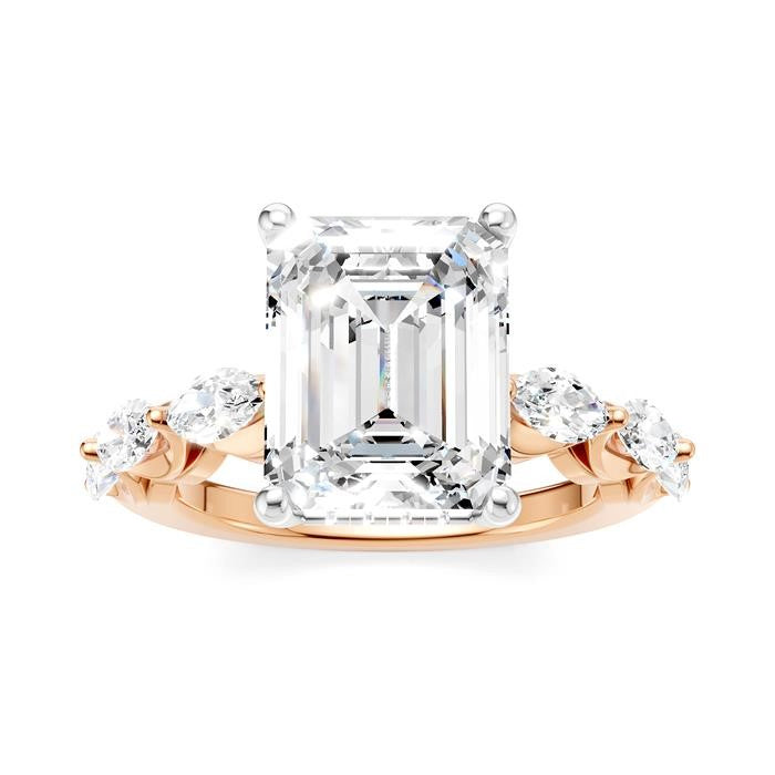 1 Ctw Emerald Shape Marquise and Round Cut Diamond Semi-Mount Engagement Ring in 14K Rose and White Gold
