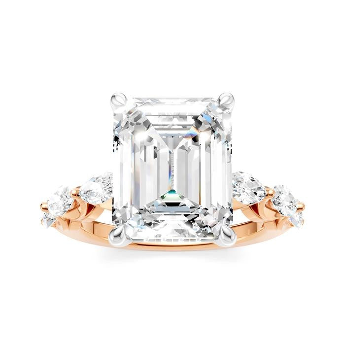 1 Ctw Emerald Shape Marquise and Round Cut Diamond Semi-Mount Engagement Ring in 14K Rose and White Gold