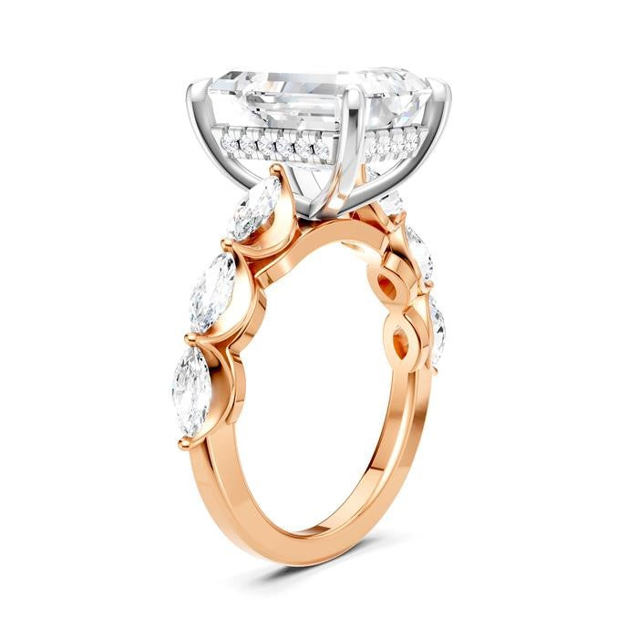 1 Ctw Emerald Shape Marquise and Round Cut Diamond Semi-Mount Engagement Ring in 14K Rose and White Gold