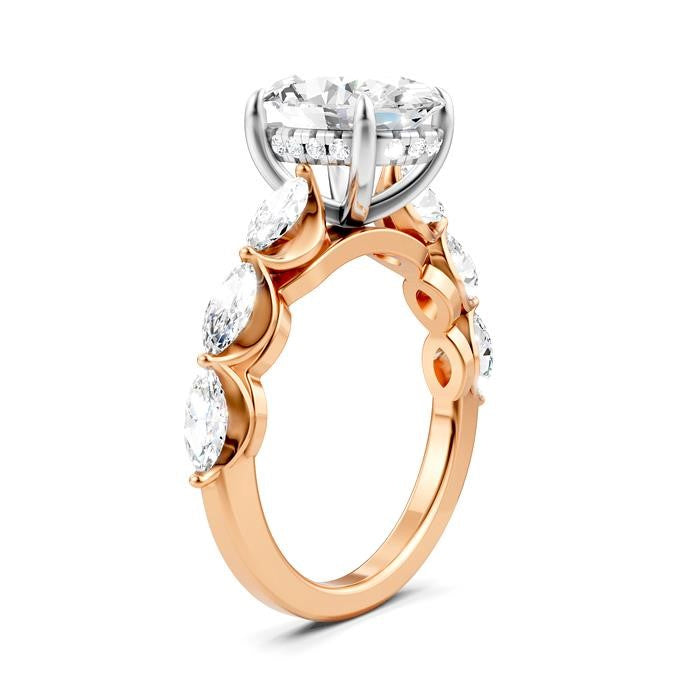 1 Ctw Oval Shape Marquise and Round Cut Diamond Semi-Mount Engagement Ring in 14K Rose and White Gold