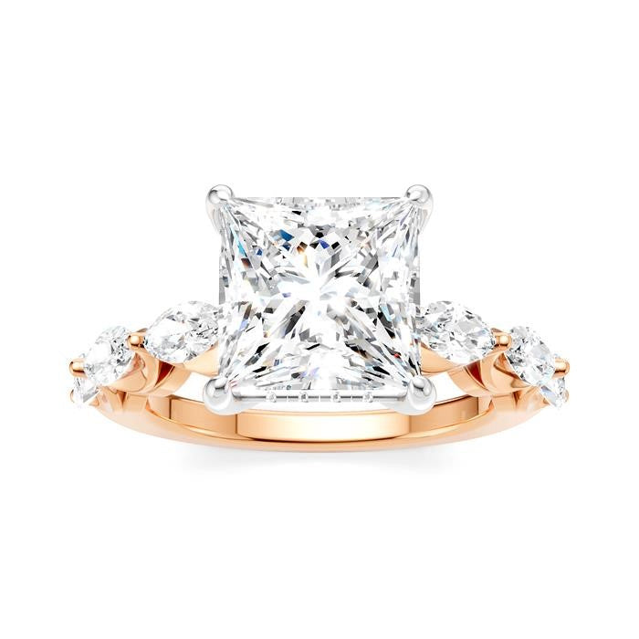1 Ctw Princess Shape Marquise and Round Cut Diamond Semi-Mount Engagement Ring in 14K Rose and White Gold