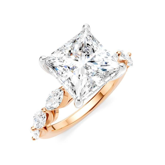 1 Ctw Princess Shape Marquise and Round Cut Diamond Semi-Mount Engagement Ring in 14K Rose and White Gold