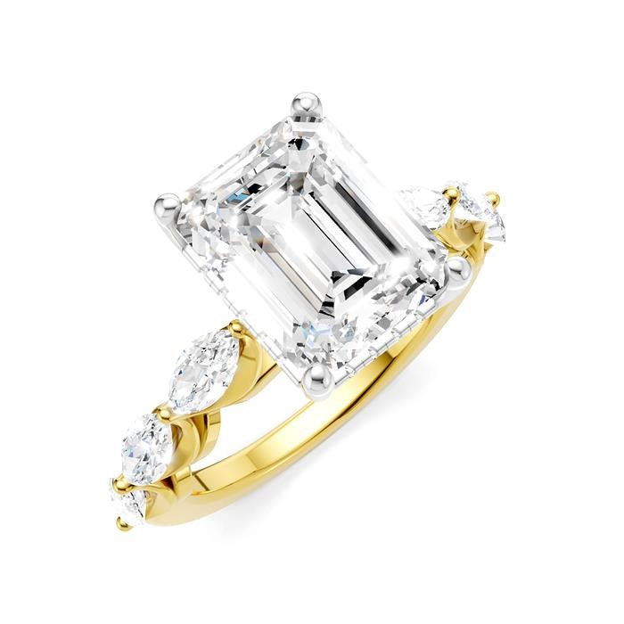 1 Ctw Emerald Shape Marquise and Round Cut Diamond Semi-Mount Engagement Ring in 14K Yellow and White Gold