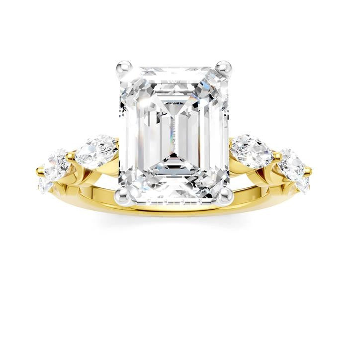 1 Ctw Emerald Shape Marquise and Round Cut Diamond Semi-Mount Engagement Ring in 14K Yellow and White Gold