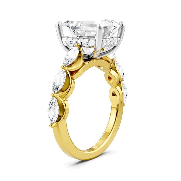 1 Ctw Emerald Shape Marquise and Round Cut Diamond Semi-Mount Engagement Ring in 14K Yellow and White Gold