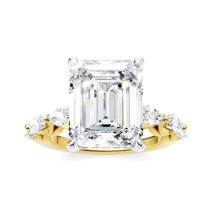 1 Ctw Emerald Shape Marquise and Round Cut Diamond Semi-Mount Engagement Ring in 14K Yellow and White Gold