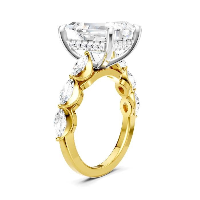 1 Ctw Emerald Shape Marquise and Round Cut Diamond Semi-Mount Engagement Ring in 14K Yellow and White Gold