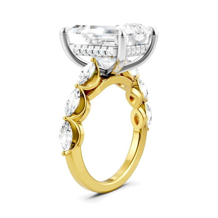 1 Ctw Emerald Shape Marquise and Round Cut Diamond Semi-Mount Engagement Ring in 14K Yellow and White Gold