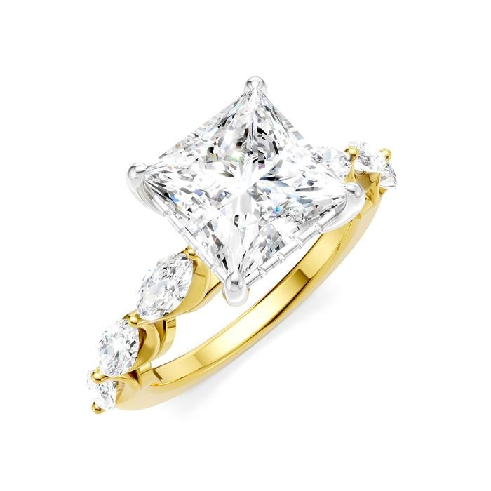 1 Ctw Princess Shape Marquise and Round Cut Diamond Semi-Mount Engagement Ring in 14K Yellow and White Gold