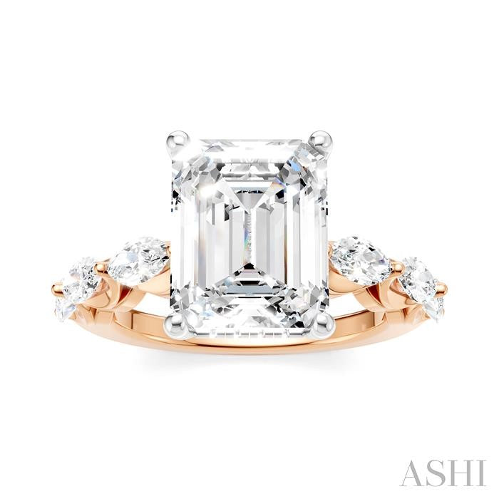 1 Ctw Emerald Shape Marquise and Round Cut Diamond Semi-Mount Engagement Ring in 14K Rose and White Gold