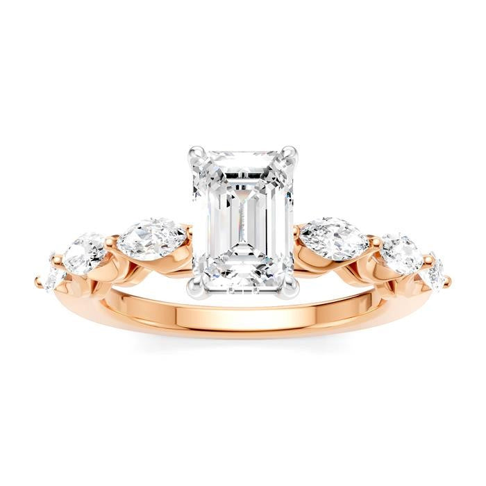 3/4 Ctw Emerald Shape Marquise and Round Cut Diamond Semi-Mount Engagement Ring in 14K Rose and White Gold
