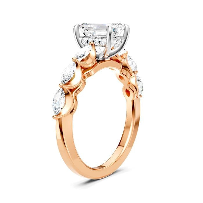 3/4 Ctw Emerald Shape Marquise and Round Cut Diamond Semi-Mount Engagement Ring in 14K Rose and White Gold