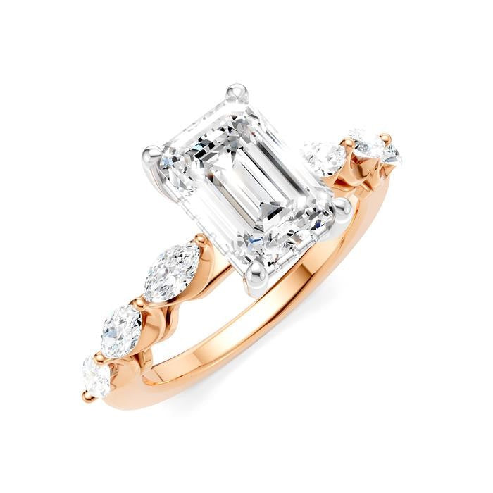 3/4 Ctw Emerald Shape Marquise and Round Cut Diamond Semi-Mount Engagement Ring in 14K Rose and White Gold
