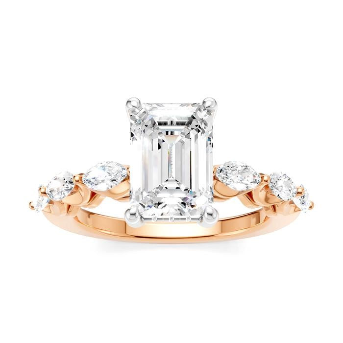 3/4 Ctw Emerald Shape Marquise and Round Cut Diamond Semi-Mount Engagement Ring in 14K Rose and White Gold