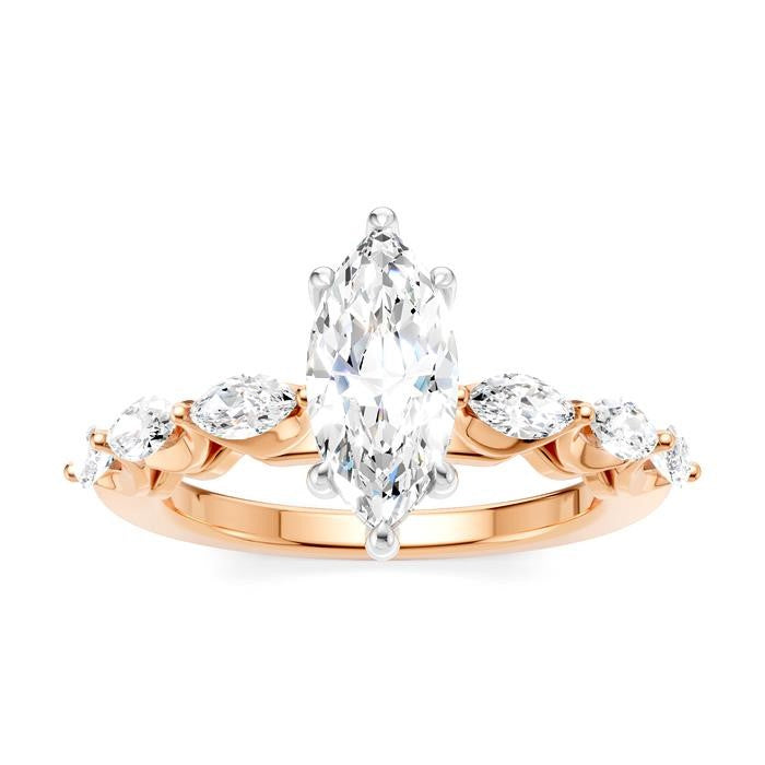 3/4 Ctw Marquise Shape Marquise and Round Cut Diamond Semi-Mount Engagement Ring in 14K Rose and White Gold