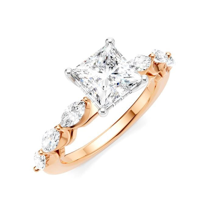 3/4 Ctw Princess Shape Marquise and Round Cut Diamond Semi-Mount Engagement Ring in 14K Rose and White Gold