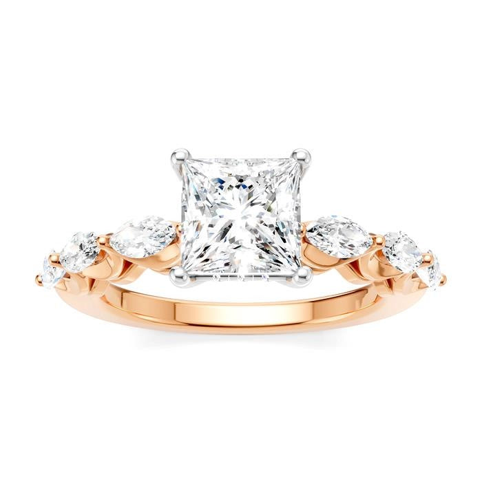 3/4 Ctw Princess Shape Marquise and Round Cut Diamond Semi-Mount Engagement Ring in 14K Rose and White Gold