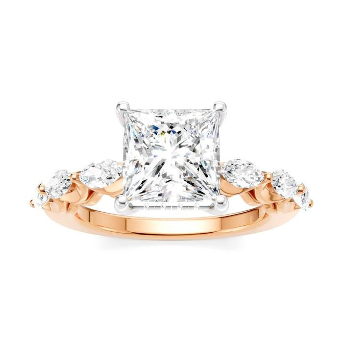 3/4 Ctw Princess Shape Marquise and Round Cut Diamond Semi-Mount Engagement Ring in 14K Rose and White Gold