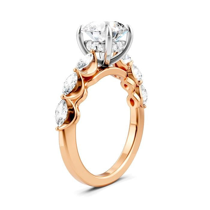 3/4 Ctw Round Shape Marquise and Round Cut Diamond Semi-Mount Engagement Ring in 14K Rose and White Gold