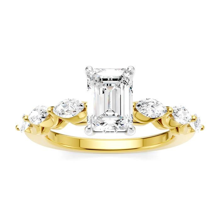 3/4 Ctw Emerald Shape Marquise and Round Cut Diamond Semi-Mount Engagement Ring in 14K Yellow and White Gold