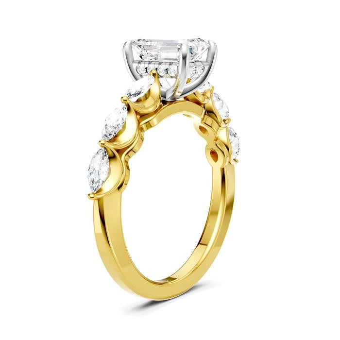 3/4 Ctw Emerald Shape Marquise and Round Cut Diamond Semi-Mount Engagement Ring in 14K Yellow and White Gold