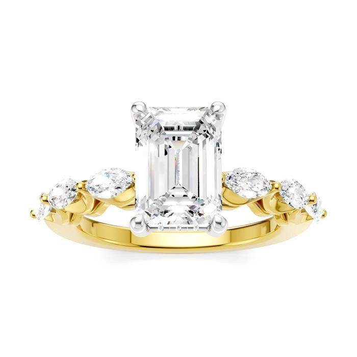 3/4 Ctw Emerald Shape Marquise and Round Cut Diamond Semi-Mount Engagement Ring in 14K Yellow and White Gold