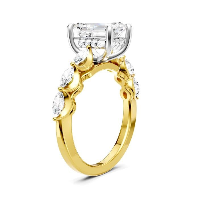 3/4 Ctw Emerald Shape Marquise and Round Cut Diamond Semi-Mount Engagement Ring in 14K Yellow and White Gold