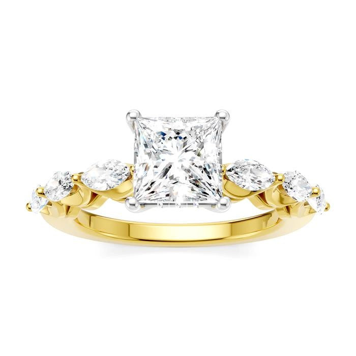 3/4 Ctw Princess Shape Marquise and Round Cut Diamond Semi-Mount Engagement Ring in 14K Yellow and White Gold