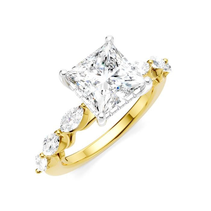 3/4 Ctw Princess Shape Marquise and Round Cut Diamond Semi-Mount Engagement Ring in 14K Yellow and White Gold