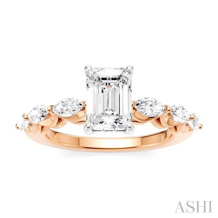 3/4 Ctw Emerald Shape Marquise and Round Cut Diamond Semi-Mount Engagement Ring in 14K Rose and White Gold