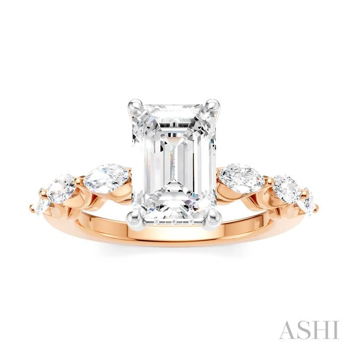 3/4 Ctw Emerald Shape Marquise and Round Cut Diamond Semi-Mount Engagement Ring in 14K Rose and White Gold