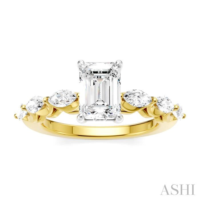 3/4 Ctw Emerald Shape Marquise and Round Cut Diamond Semi-Mount Engagement Ring in 14K Yellow and White Gold