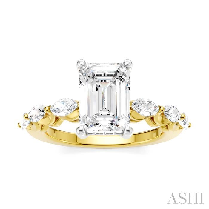 3/4 Ctw Emerald Shape Marquise and Round Cut Diamond Semi-Mount Engagement Ring in 14K Yellow and White Gold
