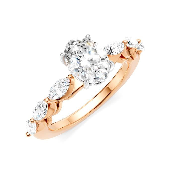 5/8 Ctw Oval Shape Marquise and Round Cut Diamond Semi-Mount Engagement Ring in 14K Rose and White Gold