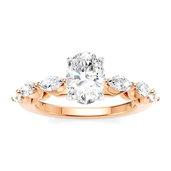 5/8 Ctw Oval Shape Marquise and Round Cut Diamond Semi-Mount Engagement Ring in 14K Rose and White Gold