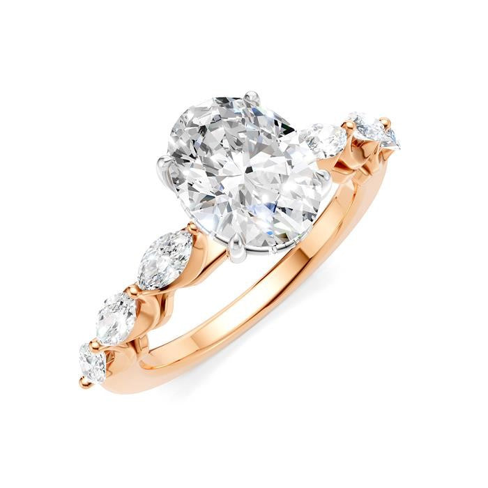 5/8 Ctw Oval Shape Marquise and Round Cut Diamond Semi-Mount Engagement Ring in 14K Rose and White Gold